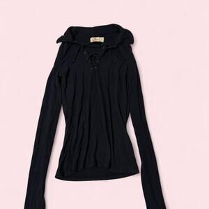 Hollister black long sleeve top with tie detail and collar Size Small